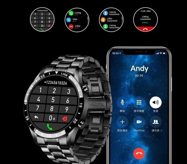 Stijlvolle luxe horloge met 1,3 inch ultrahelder touchscreen, roestvrijstalen band, realtime hartslagmonitor, stappenteller, Bluetooth gespreksfunctie, activiteitstracking en compatibiliteit met iOS en Android.