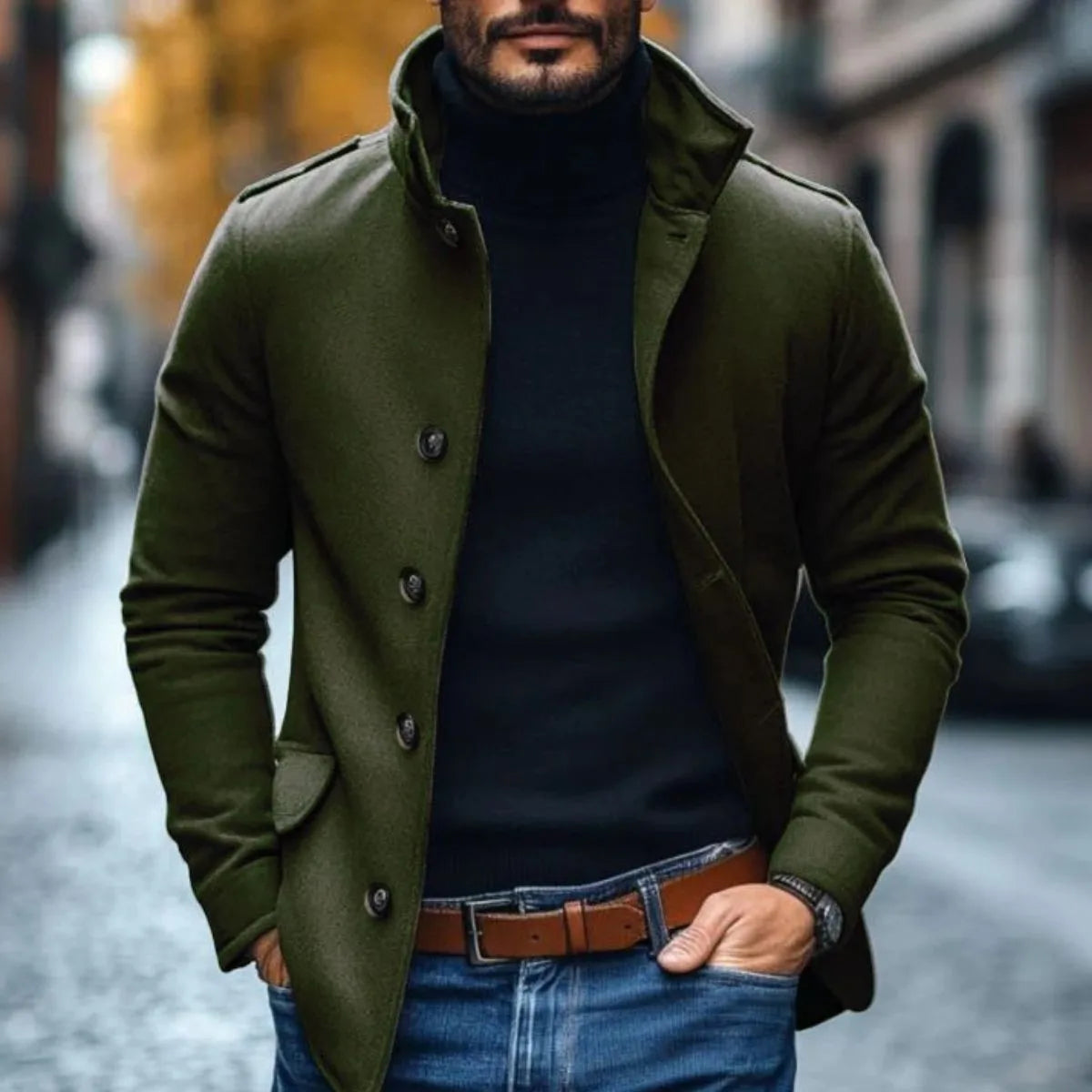 Slim fit jas met opstaande kraag en knoopsluiting