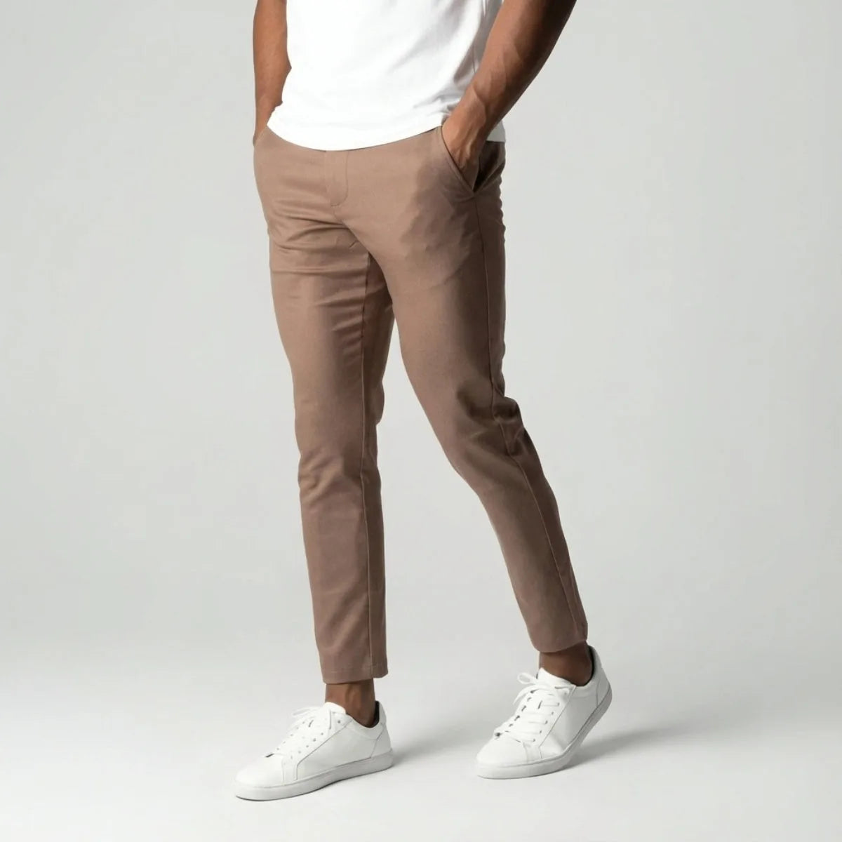 Slim fit lichtbruine stretch broek met elastische tailleband
