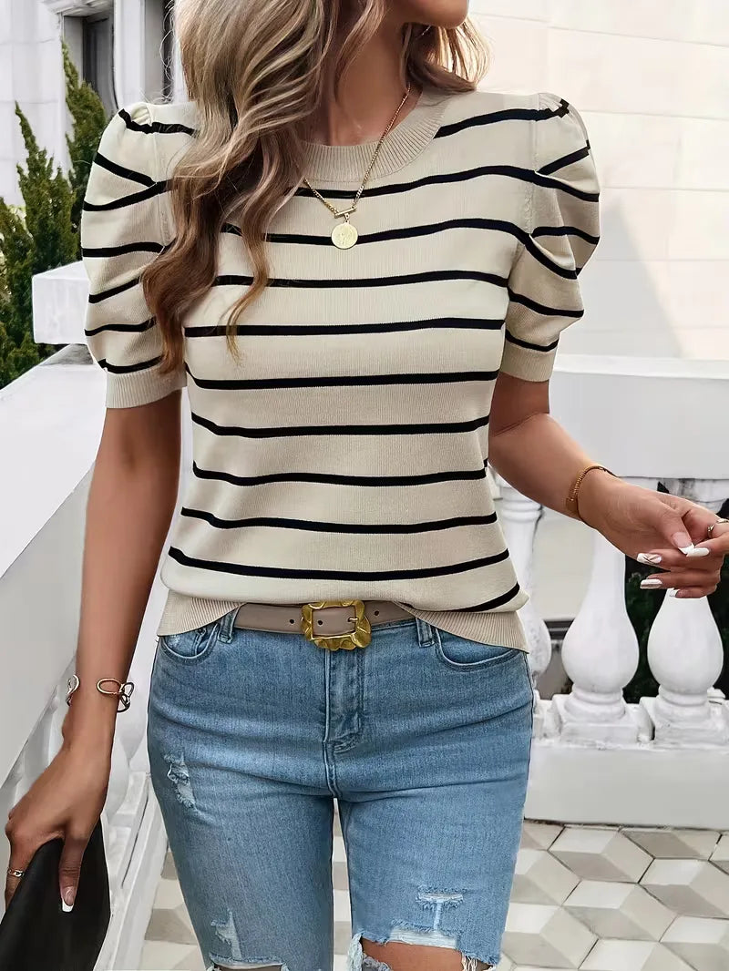 T-shirt dames met strepen en puffed sleeves