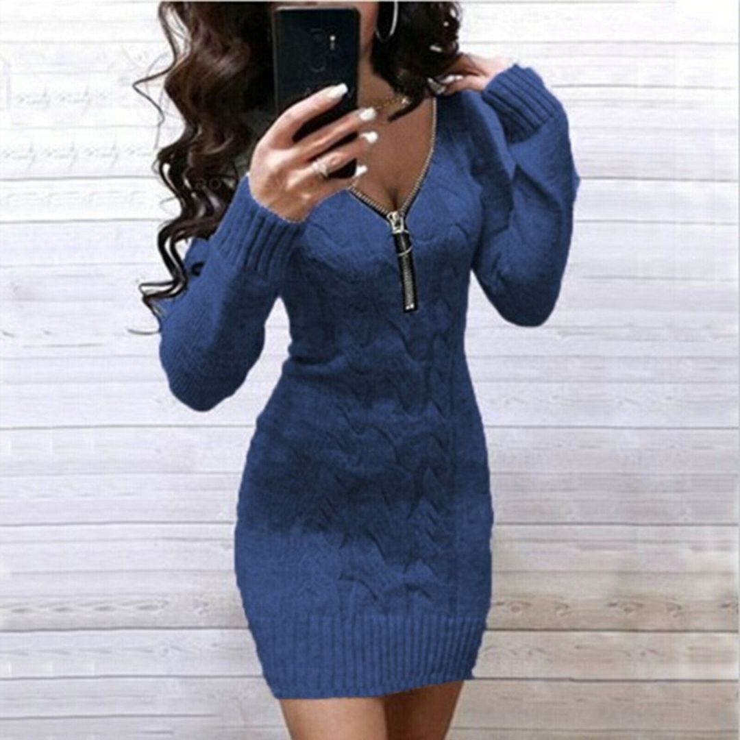 Alba | Geribde tuniekjurk in de kleur Blauw voor dames in stijl ideaal voor de herfst.