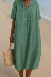 Amanda | Linnen jurk met korte mouwen in de kleur Groen voor dames in Beach stijl ideaal voor de zomer.