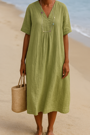 Amanda | Linnen jurk met korte mouwen in de kleur Legergroen voor dames in Beach stijl ideaal voor de zomer.