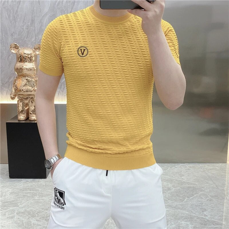 Amir | Slim fit t-shirt met ronde hals in de kleur Geel voor heren in Formal stijl ideaal voor de zomer.
