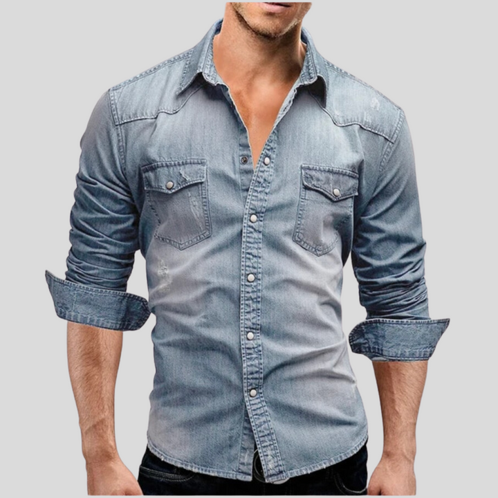Angelo | Moderne denim herenoverhemd in de kleur Lichtblauw voor heren in Heritage stijl geschikt voor alle seizoenen.