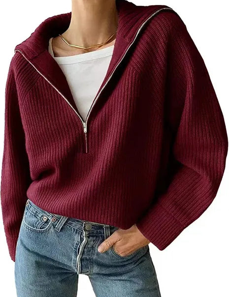 Anna | Gebreide damestrui met rits en V-hals in de kleur Bordeaux voor dames in stijl ideaal voor de herfst.