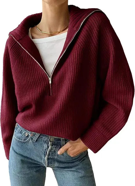 Anna | Gebreide damestrui met rits en V-hals in de kleur Bordeaux voor dames in stijl ideaal voor de herfst.