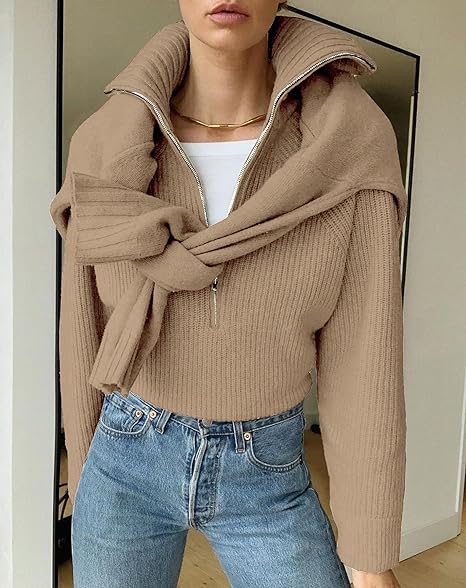 Anna | Gebreide damestrui met rits en V-hals in de kleur Bruin voor dames in stijl ideaal voor de herfst.