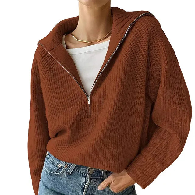 Anna | Gebreide damestrui met rits en V-hals in de kleur Oranje voor dames in stijl ideaal voor de herfst.