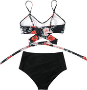 Belle | Hoge taille, kleurrijke damesbikini in de kleur Zwarte top - Bloemen slip voor dames in stijl ideaal voor de zomer.