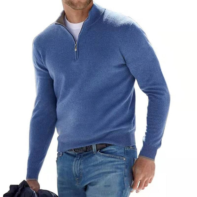 Belonni | Heren V-hals trui met rits in de kleur Blauw voor heren in Heritage stijl geschikt voor alle seizoenen.