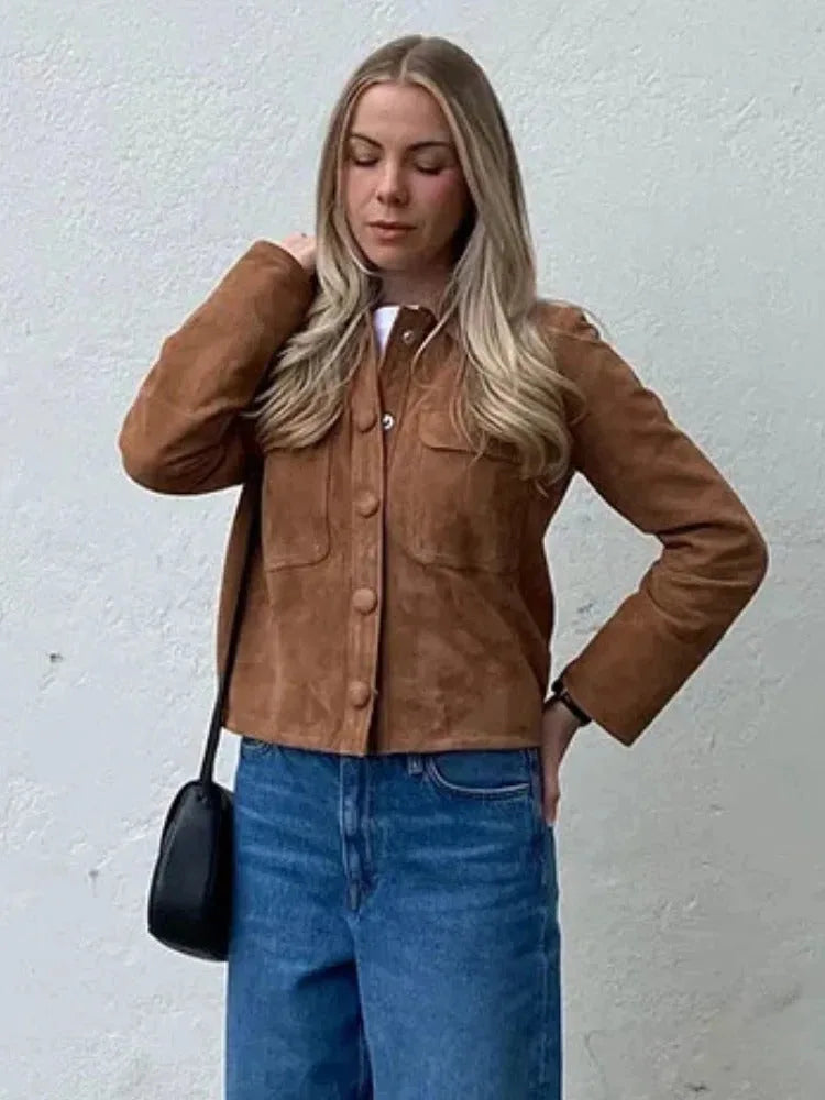 Suede jas met mandarin kraag