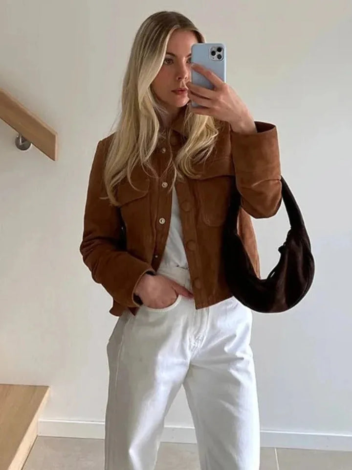 Suede jas met mandarin kraag