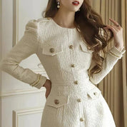 Carlijn | Dames tweed jurk met lange mouwen in de kleur Wit voor dames in stijl ideaal voor de lente.