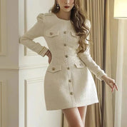 Carlijn | Dames tweed jurk met lange mouwen in de kleur Wit voor dames in stijl ideaal voor de lente.