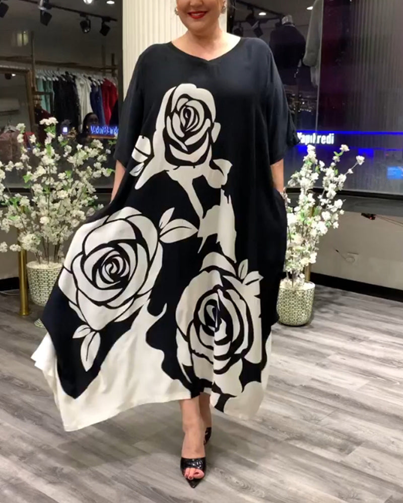 Casual losvallend jurkje met rozenprint in de kleur Zwart voor dames in stijl ideaal voor de herfst.