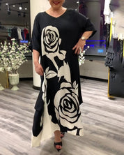 Casual losvallend jurkje met rozenprint in de kleur Zwart voor dames in stijl ideaal voor de herfst.