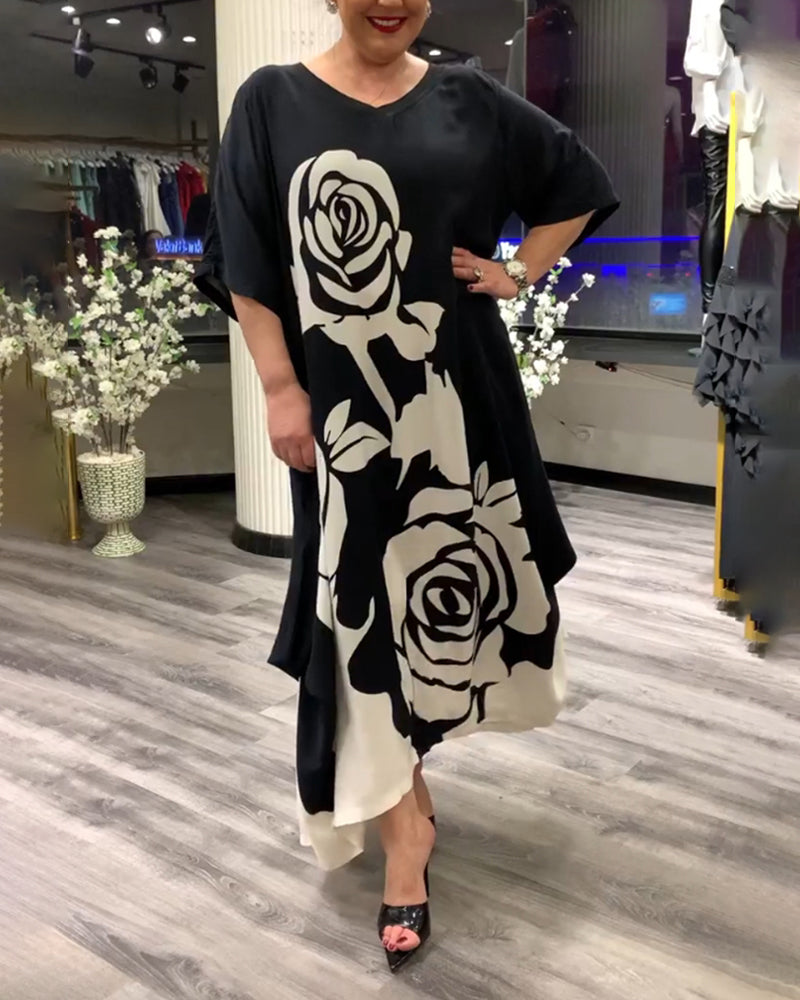 Casual losvallend jurkje met rozenprint in de kleur Zwart voor dames in stijl ideaal voor de herfst.