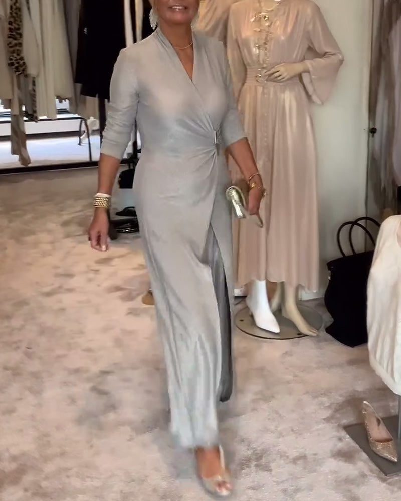Chloe | Elegante geplooide effen jumpsuit in de kleur Zilver voor dames in Party stijl ideaal voor de herfst.