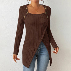 Claudia | Asymmetrische geribbelde cardigan in de kleur Donkerbruin voor dames in stijl ideaal voor de herfst.