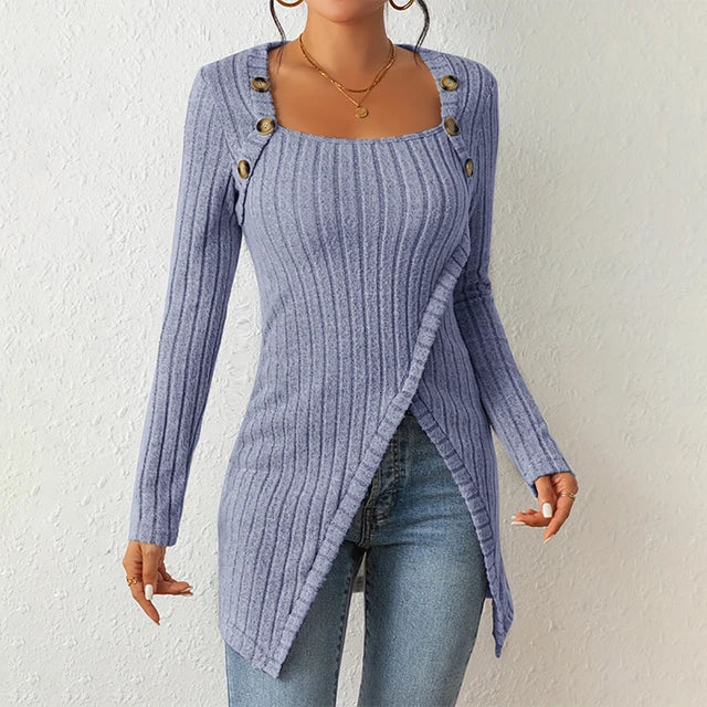 Claudia | Asymmetrische geribbelde cardigan in de kleur Lichtblauw voor dames in stijl ideaal voor de herfst.