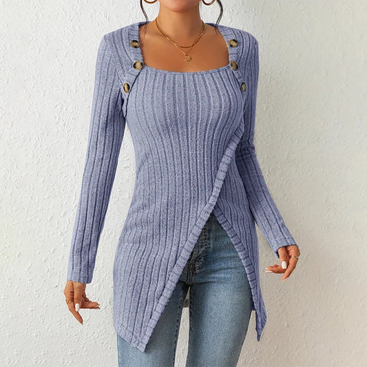 Claudia | Asymmetrische geribbelde cardigan in de kleur Lichtblauw voor dames in stijl ideaal voor de herfst.