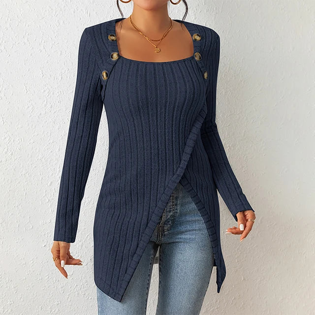 Claudia | Asymmetrische geribbelde cardigan in de kleur Marineblauw voor dames in stijl ideaal voor de herfst.