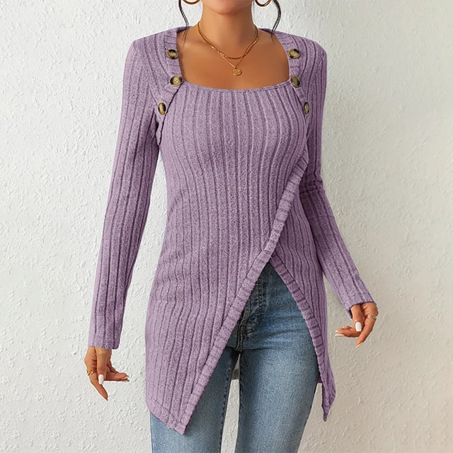 Claudia | Asymmetrische geribbelde cardigan in de kleur Paars voor dames in stijl ideaal voor de herfst.