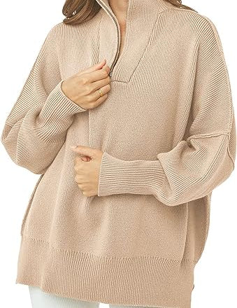 Coltrui met rits, V-hals en lange mouwen in de kleur Abrikoos voor dames in stijl ideaal voor de herfst.