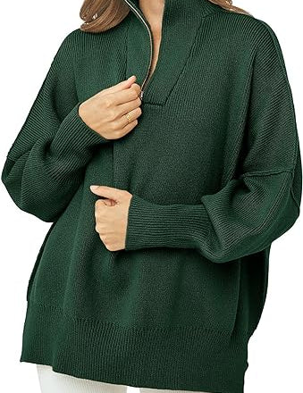 Coltrui met rits, V-hals en lange mouwen in de kleur Donkergroen voor dames in stijl ideaal voor de herfst.
