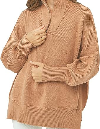 Coltrui met rits, V-hals en lange mouwen in de kleur Khaki voor dames in stijl ideaal voor de herfst.