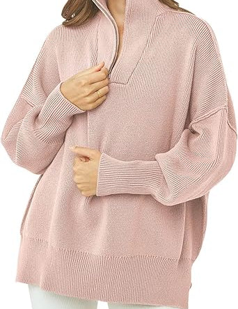 Coltrui met rits, V-hals en lange mouwen in de kleur Roze voor dames in stijl ideaal voor de herfst.