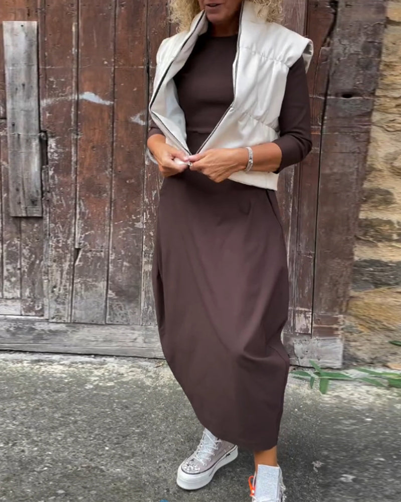 Elegancka sukienka maxi z długimi rękawami i kieszeniami
