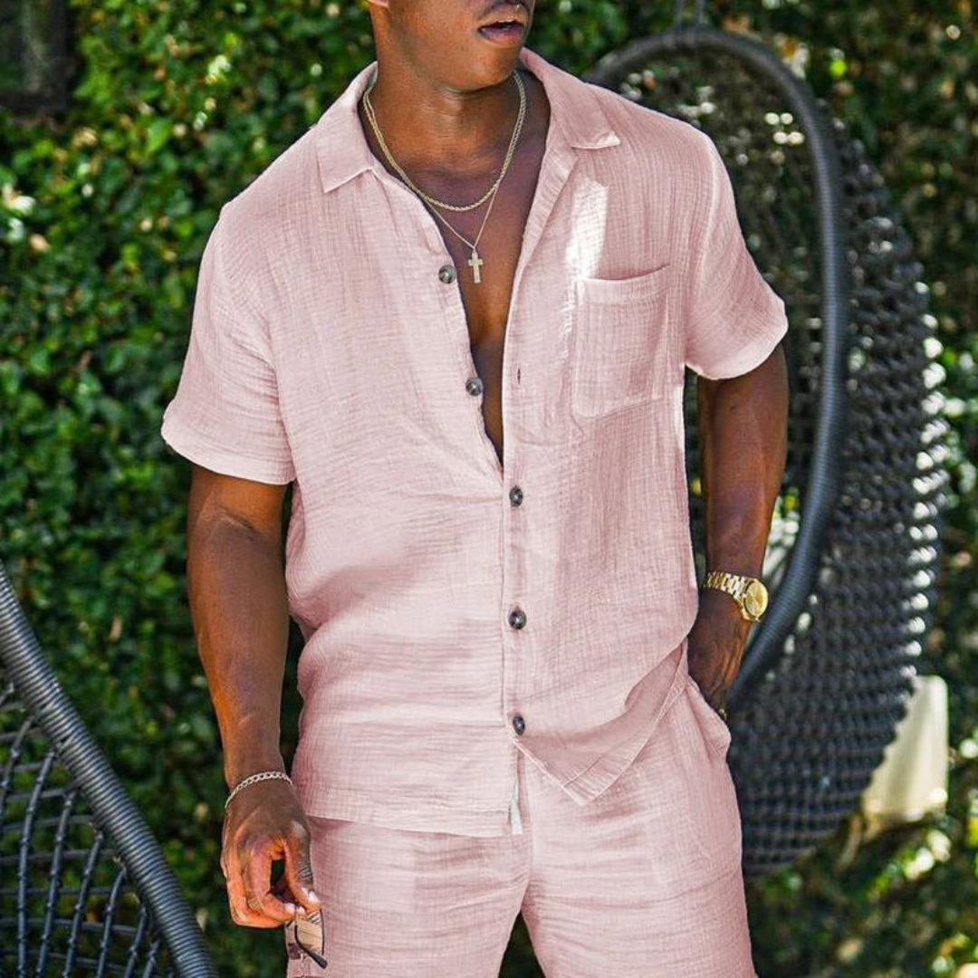 Darrel | Zomerse linnen tweedelige set in de kleur Roze voor heren in Beach stijl ideaal voor de zomer.