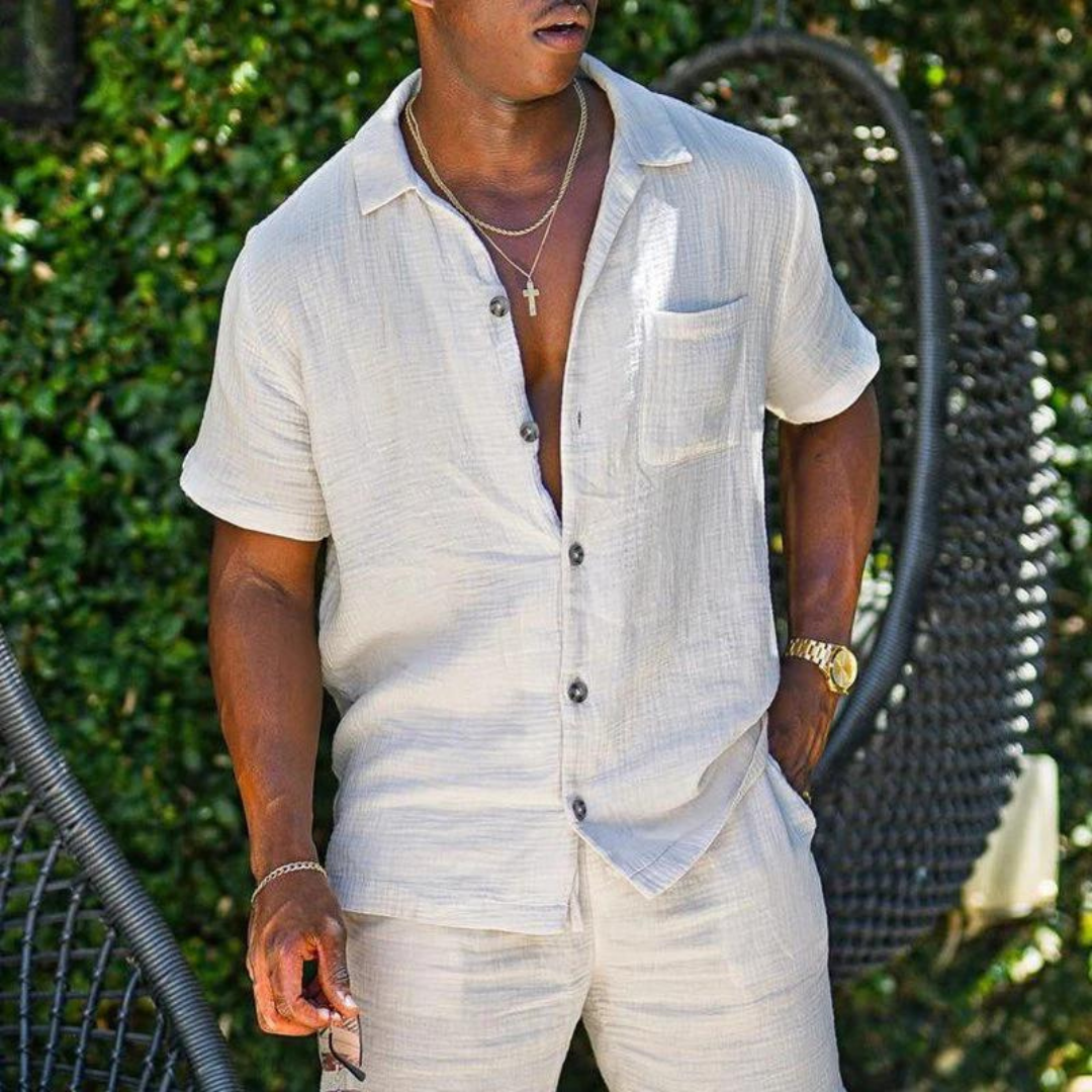 Darrel | Zomerse linnen tweedelige set in de kleur Wit voor heren in Beach stijl ideaal voor de zomer.