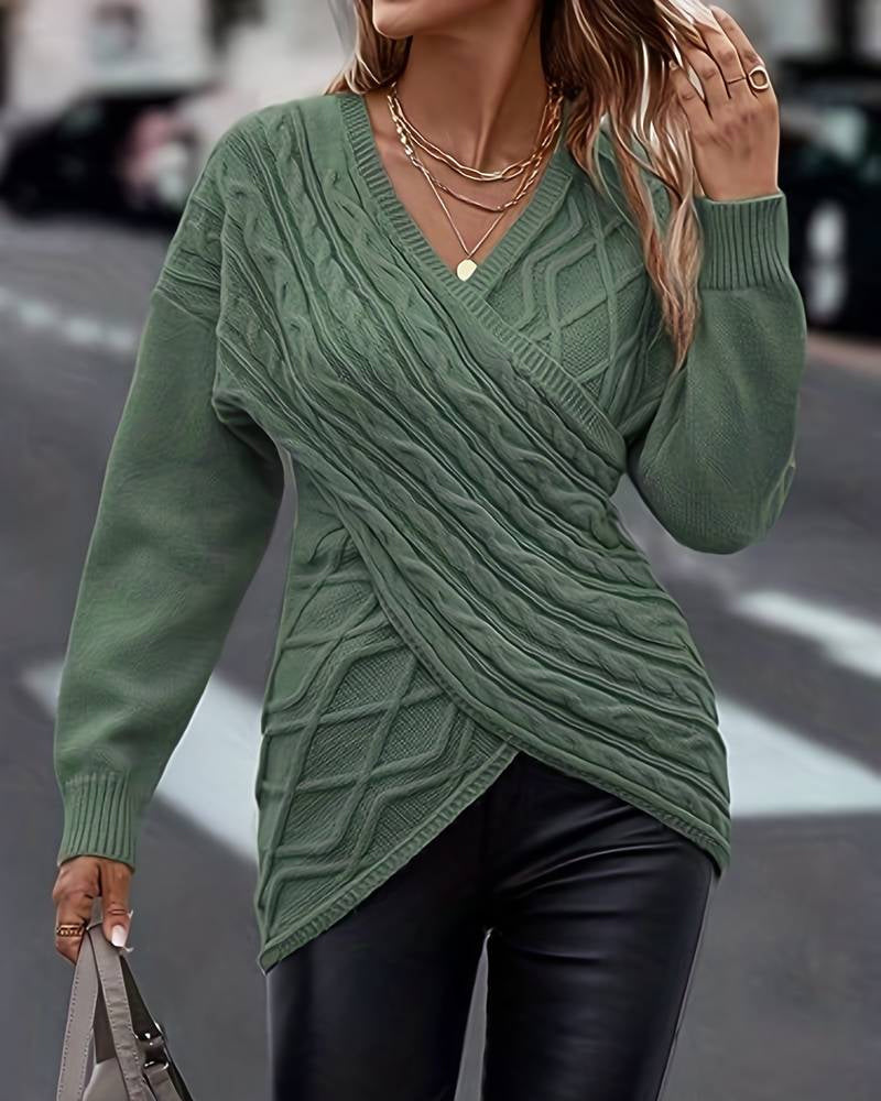 Effen kleur truien met V-hals en lange mouwen in de kleur Groen voor dames in stijl ideaal voor de herfst.