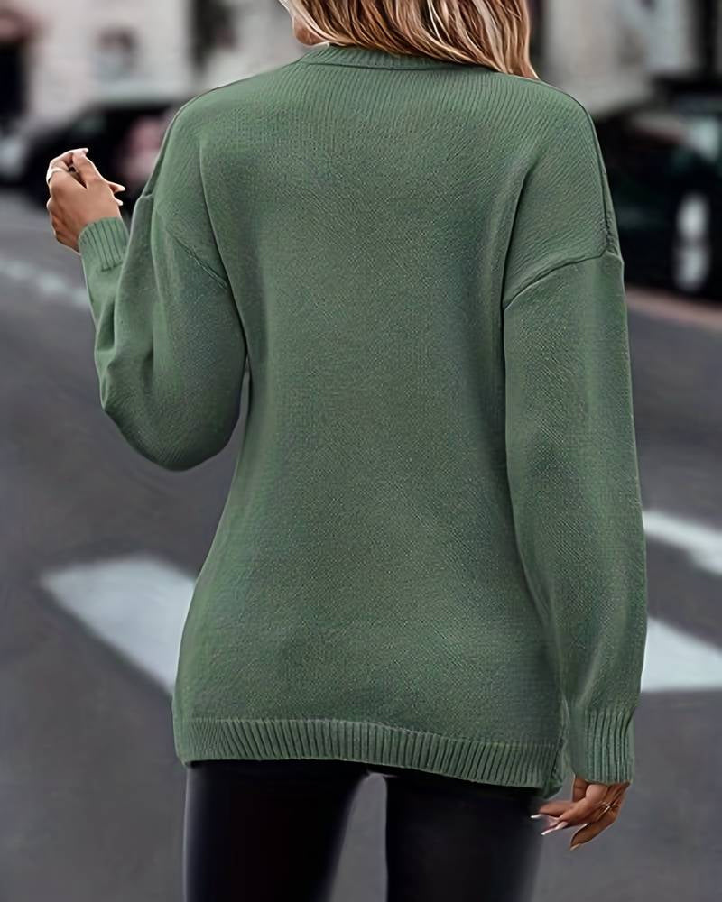 Effen kleur truien met V-hals en lange mouwen in de kleur Groen voor dames in stijl ideaal voor de herfst.