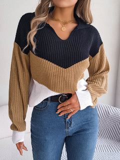 Effen patchwork trui met v-hals en strepen in de kleur Blauw voor dames in stijl ideaal voor de herfst.