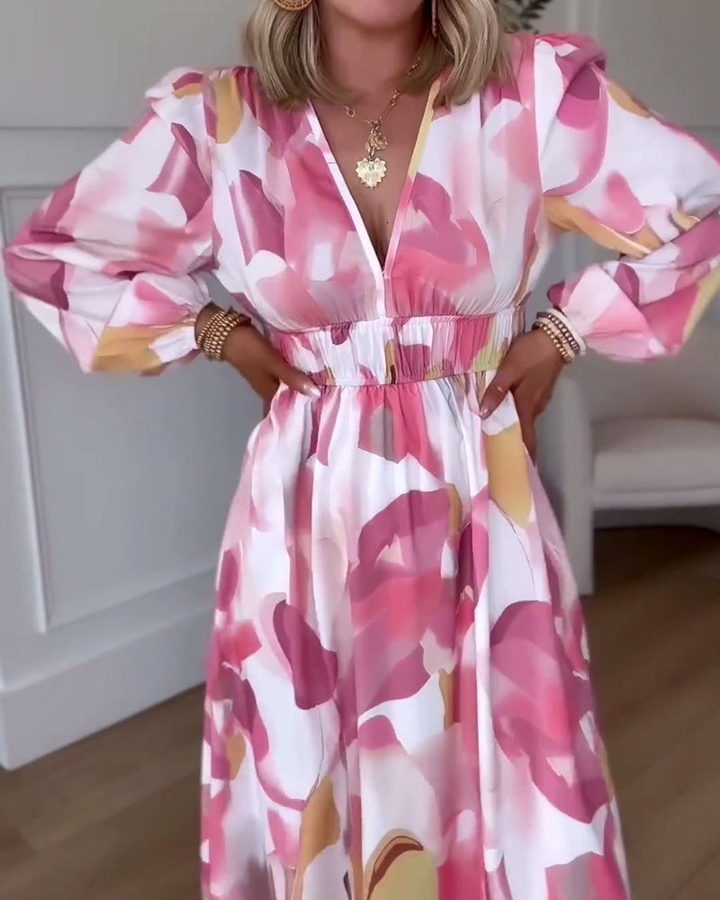 Elegante bedrukte maxi jurk met lange mouwen en V-hals in de kleur Roze voor dames in stijl ideaal voor de herfst.