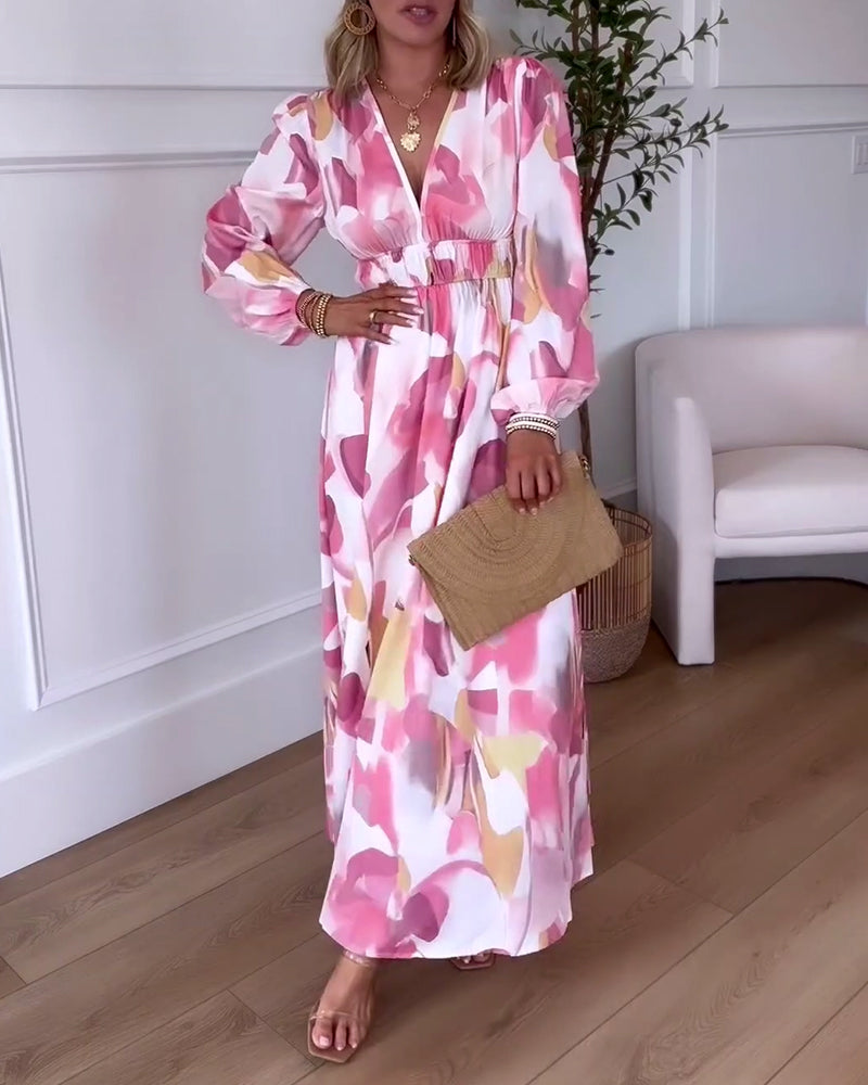 Elegante bedrukte maxi jurk met lange mouwen en V-hals in de kleur Roze voor dames in stijl ideaal voor de herfst.
