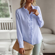 Elegante ruche longsleeve blouse in de kleur Blauw voor dames in stijl ideaal voor de herfst.