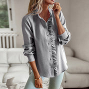Elegante ruche longsleeve blouse in de kleur Grijs voor dames in stijl ideaal voor de herfst.
