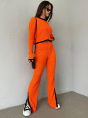 Eline | Randversierde jas & casual broek set in de kleur Oranje voor dames in Smart-casual stijl ideaal voor de winter