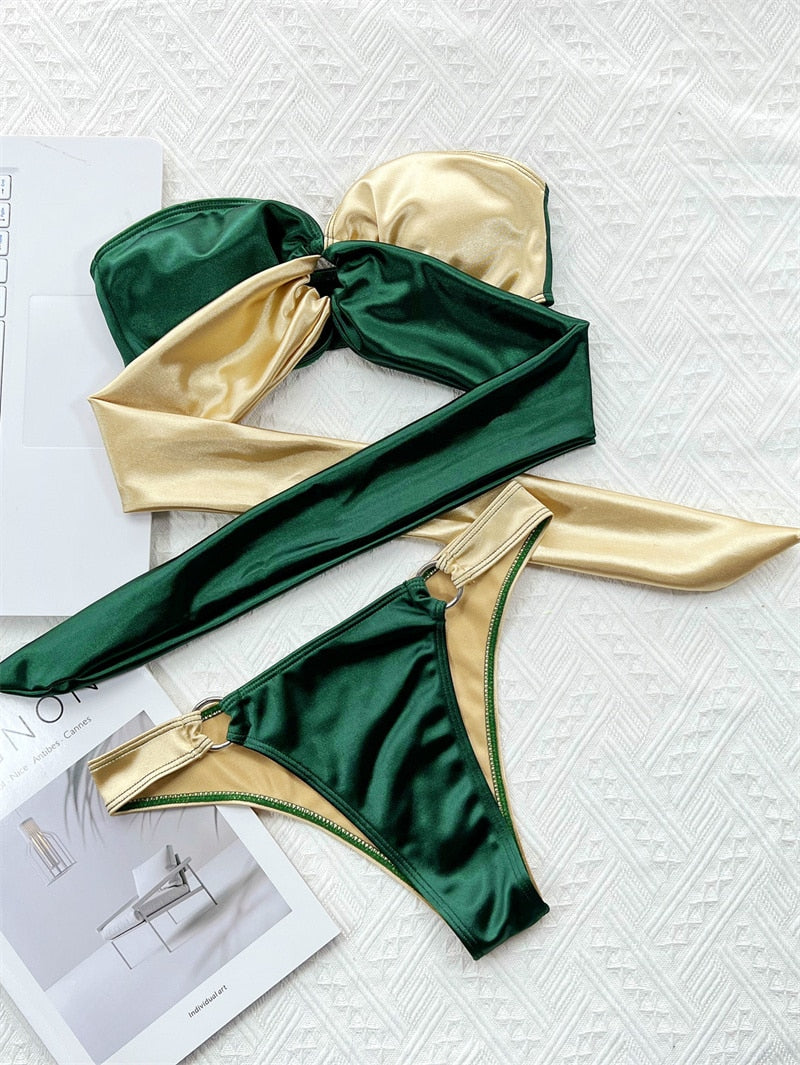 Emma | Stijlvolle & chique bikini in de kleur Beige/Groen voor dames in Beach stijl ideaal voor de zomer.