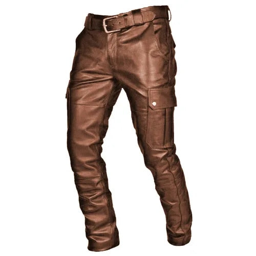 Esteban | Leren motorbroek met stevige zakken in de kleur Bruin voor heren in stijl ideaal voor de herfst.