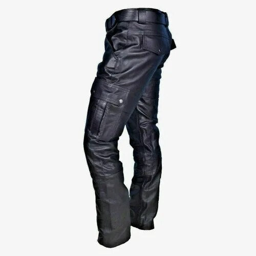 Esteban | Leren motorbroek met stevige zakken in de kleur Zwart voor heren in stijl ideaal voor de herfst.