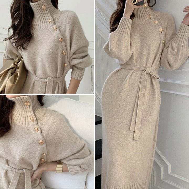 Eva | Luxe damesjurk in de kleur Beige voor dames in stijl ideaal voor de herfst.