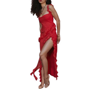 Eva | Romantische midi-jurk in de kleur Rood voor dames in stijl ideaal voor de lente.