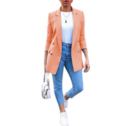 Evelien | Lange damesblazer met knopen en kraag in de kleur Oranje voor dames in stijl geschikt voor alle seizoenen.