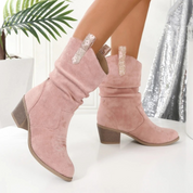 Femke | Roze leren cowboylaarzen met ronde neus in de kleur Roze voor dames in stijl ideaal voor de herfst.